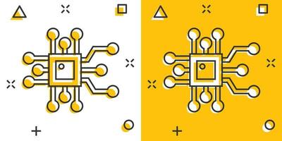 icono de chip de computadora en estilo cómico. ilustración de vector de dibujos animados de placa de circuito sobre fondo blanco aislado. concepto de negocio de efecto de salpicadura de procesador de cpu.