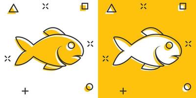 Fish icon in comic style. Seafood cartoon vector illustration on white isolated background. Sea animal splash effect business concept.