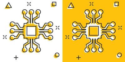 icono de chip de computadora en estilo cómico. ilustración de vector de dibujos animados de placa de circuito sobre fondo blanco aislado. concepto de negocio de efecto de salpicadura de procesador de cpu.