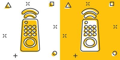 Tv remote icon in comic style. Television cartoon sign vector illustration on white isolated background. Broadcast splash effect business concept.