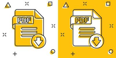 icono de pdf en estilo cómico. ilustración de dibujos animados de vector de texto de documento sobre fondo blanco aislado. concepto de negocio de efecto de salpicadura de archivo.