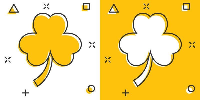 Four leaf clover icon in comic style. St Patricks Day cartoon vector illustration on white isolated background. Flower shape splash effect business concept.