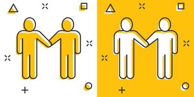 Greetings gesture icon in comic style. People handshake cartoon vector illustration on white isolated background. Hand shake splash effect business concept.