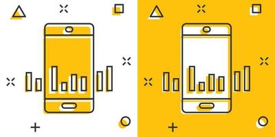 icono de diagrama de teléfono en estilo cómico. ilustración vectorial de dibujos animados de estadísticas de crecimiento de teléfonos inteligentes sobre fondo blanco aislado. concepto de negocio de efecto de salpicadura de análisis de gadgets. vector