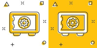 icono de dinero seguro en estilo cómico. Ilustración de vector de dibujos animados de caja fuerte sobre fondo blanco aislado. concepto de negocio de efecto de salpicadura de seguridad financiera.