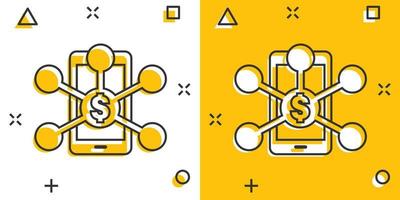 icono de servicios de pago en estilo cómico. enviar dinero ilustración vectorial de dibujos animados sobre fondo blanco aislado. concepto de negocio de efecto de salpicadura de transacción de teléfono inteligente. vector