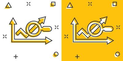 Market trend icon in comic style. Growth arrow with magnifier cartoon vector illustration on white isolated background. Increase splash effect business concept.