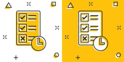 Contract time icon in comic style. Document with clock cartoon vector illustration on white background. Deadline splash effect business concept.