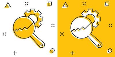 Loupe with gear icon in comic style. Magnifying glass cartoon vector illustration on white isolated background. Seo exploration splash effect business concept.