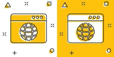 icono de dominio del sitio web en estilo cómico. ilustración de vector de dibujos animados de dirección de internet global sobre fondo blanco aislado. concepto de negocio de efecto de salpicadura de servidor.