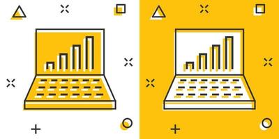 Laptop chart icon in comic style. SEO data cartoon vector illustration on white isolated background. Computer diagram splash effect business concept.