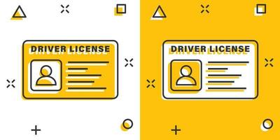 icono de licencia de conducir en estilo cómico. ilustración de vector de dibujos animados de tarjeta de identificación sobre fondo blanco aislado. concepto de negocio de efecto de salpicadura de identidad.