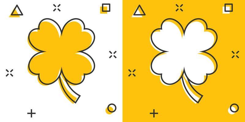 Four leaf clover icon in comic style. St Patricks Day cartoon vector illustration on white isolated background. Flower shape splash effect business concept.