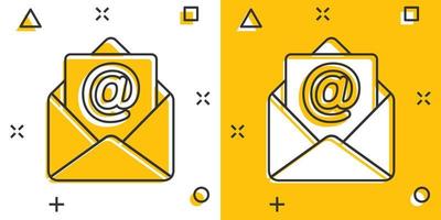 Email message icon in comic style. Mail document cartoon vector illustration on white isolated background. Message correspondence splash effect business concept.