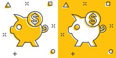 Money box icon in comic style. Pig container cartoon vector illustration on white isolated background. Piggy bank splash effect business concept.