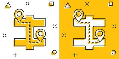 icono de pin de mapa en estilo cómico. ilustración vectorial de dibujos animados de navegación gps sobre fondo blanco aislado. localizar el concepto de negocio de efecto de salpicadura de posición. vector