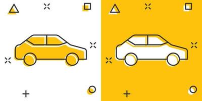 icono de coche en estilo cómico. ilustración de vector de dibujos animados de vehículo de automóvil sobre fondo blanco aislado. concepto de negocio de efecto de salpicadura de sedán.