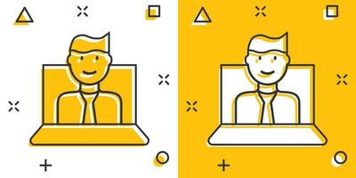 People with laptop computer icon in comic style. Pc user cartoon vector illustration on white isolated background. Office manager splash effect business concept.