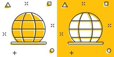 icono del planeta tierra en estilo cómico. ilustración de vector de dibujos animados geográficos de globo sobre fondo blanco aislado. concepto de negocio de efecto de salpicadura de comunicación global.