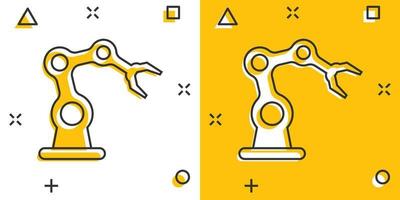 Robot arm icon in comic style. Mechanic manipulator cartoon vector illustration on white isolated background. Machine splash effect business concept.