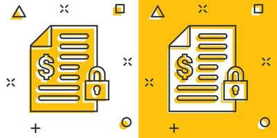 Financial statement icon in comic style. Document with lock cartoon vector illustration on white isolated background. Report splash effect business concept.