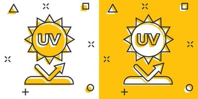 icono de radiación ultravioleta en estilo cómico. ilustración de vector de dibujos animados ultravioleta sobre fondo blanco aislado. concepto de negocio de efecto de salpicadura de protección solar.