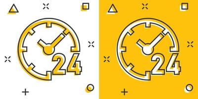 Clock 24 7 icon in comic style. Watch cartoon vector illustration on white isolated background. Timer splash effect business concept.