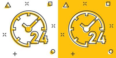 icono de reloj 24 7 en estilo cómico. ver ilustración de vector de dibujos animados sobre fondo blanco aislado. concepto de negocio de efecto de salpicadura de temporizador.