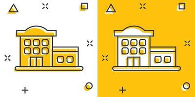 icono de construcción en estilo cómico. ilustración de vector de dibujos animados de fábrica sobre fondo blanco aislado. concepto de negocio de efecto de salpicadura de torre de la ciudad.