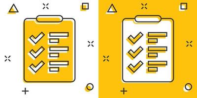To do list icon in comic style. Document checklist cartoon vector illustration on white isolated background. Notepad check mark splash effect business concept.