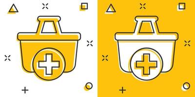Add to cart icon in comic style. Shopping vector cartoon illustration on white isolated background. Basket with plus sign splash effect business concept.