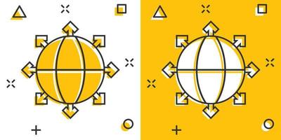 icono del planeta tierra en estilo cómico. ilustración de vector de dibujos animados geográficos de globo sobre fondo blanco aislado. concepto de negocio de efecto de salpicadura de comunicación global.