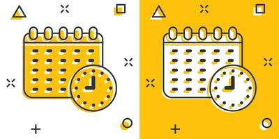 calendario con icono de reloj en estilo cómico. ilustración de vector de dibujos animados de agenda sobre fondo blanco aislado. programar el concepto de negocio de efecto de salpicadura del planificador de tiempo.