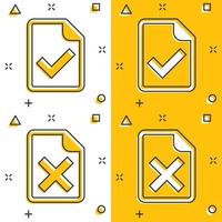 Document accepted and damaged icon in comic style. Correct, broken cartoon vector illustration on white isolated background. Check message splash effect business concept.
