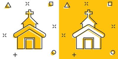 Church icon in comic style. Chapel vector cartoon illustration on white isolated background. Religious building business concept splash effect.