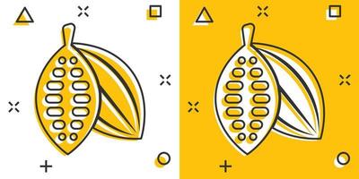 Cocoa bean icon in comic style. Chocolate cream cartoon vector illustration on white isolated background. Nut plant splash effect business concept.