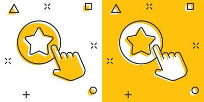 Click loyalty card icon in comic style. Hand on reward cartoon vector illustration on white isolated background. Discount splash effect business concept.