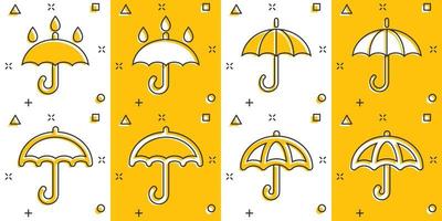 Umbrella icons set in comic style. Parasol cartoon vector illustration on white isolated background. Canopy collection splash effect business concept.