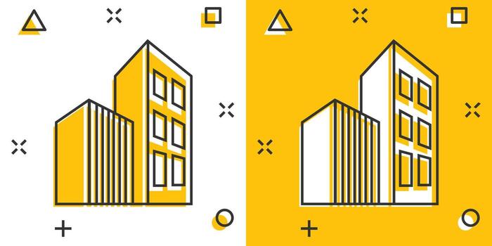 Building icon in comic style. Skyscraper cartoon vector illustration on white isolated background. Architecture splash effect business concept.