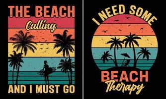 necesito un diseño de camiseta de terapia de playa, la llamada de la playa y debo ir al diseño de camiseta, diseño de camiseta de playa de verano retro vintage puesta de sol vector