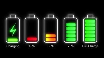 Battery Charge Animation On Black Background. Animation Of Battery Charge Level Indicator On Black Screen Background. Battery Icon Charge Percentages Indicator Animation. Battery Charge Indicator video