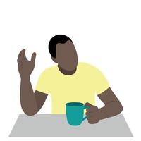 retrato de un tipo negro sociable con una taza en la mano en la mesa, vector plano, aislado en blanco, ilustración sin rostro, pausa para el café