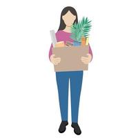 Portrait of a girl in full growth with a big box in her hands, a box with personal belongings, flat vector, isolated on white, faceless illustration, dismissal from work, minimalism