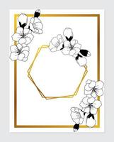 plantilla monocromática de tarjeta elegante de invitación de boda floral botánica vectorial. flor de cerezo y marco geométrico dorado. diseño romántico para tarjetas de felicitación, cosmética natural, productos para mujeres vector