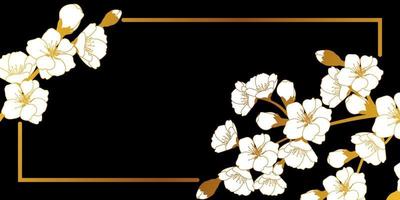 Japanese style banner with cherry blossom branches. Minimalist design for a card or invitation with space for text in black and gold. Vector illustration