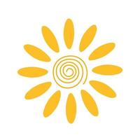 Simple yellow sun vector flat illustration with round shape middle, cute summer image for making cards, decor, vacation concept and holiday and summertime design for children