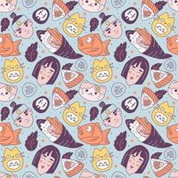 Hand drawn kawaii food pattern. Seamless for wrapping paper, greeting cards and other vector