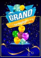 Grand Opening Cut ribbon background Banner Design Illustrations Shape, Business Promotion Ad Poster, Ceremony party event invitation, Coming soon Poster, red ribbon with balloon and colorful confetti. vector