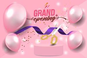 Grand Opening Cut ribbon background Banner Design Illustrations Shape, Business Promotion Ad Poster, Ceremony party event invitation, Coming soon Poster, red ribbon with balloon and colorful confetti.