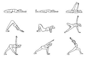 Yoga poses collection. Black and white. Female woman girl. Vector illustration in outline style isolated on white background.